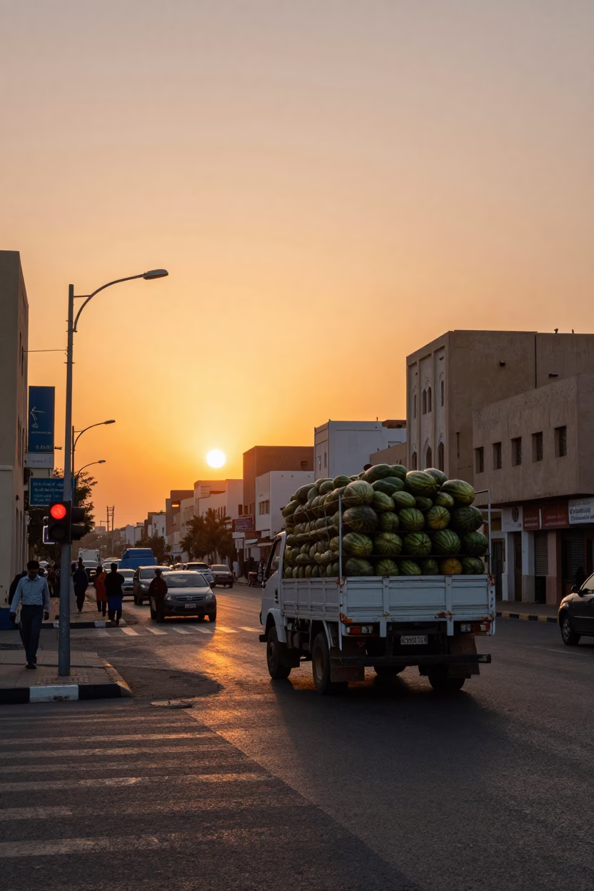 Muscat Oman Sunset Street Scene with Truck and Local Life in in Muscat, Oman