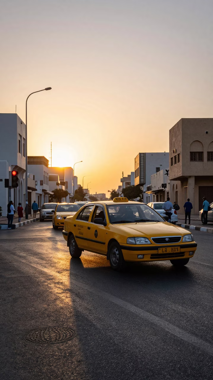 Muscat Oman Sunset Street Scene with Yellow Taxi and Traditional Souq Activity in in Muscat, Oman