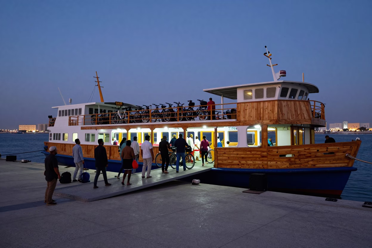 Muscat Oman Twilight Ferry Dock Loading Passengers and Bicycles at Dusk in in Muscat, Oman