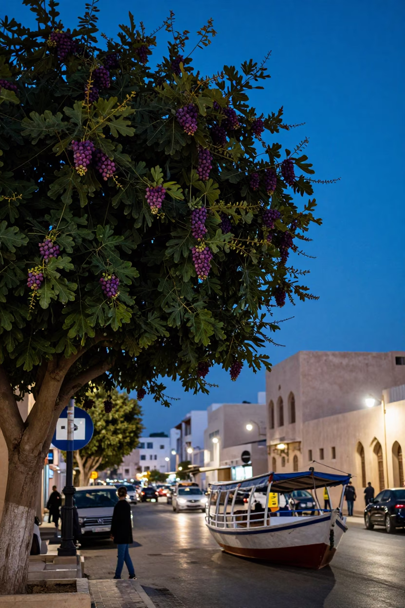 Muscat Oman Twilight Street Scene with Fig Tree and Catamaran Ferry in Distance in in Muscat, Oman