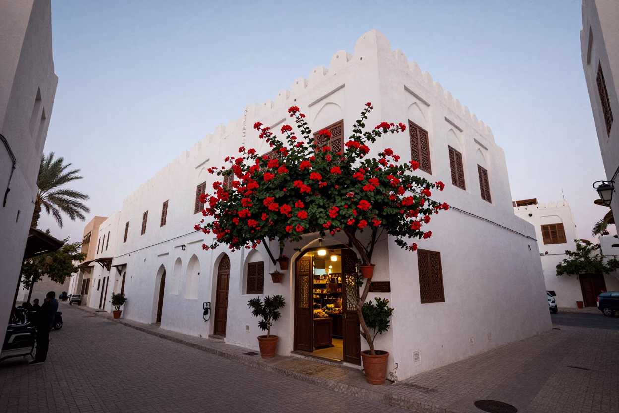 Muscat Oman Twilight Street Scene with Geraniums and Local Architecture in in Muscat, Oman