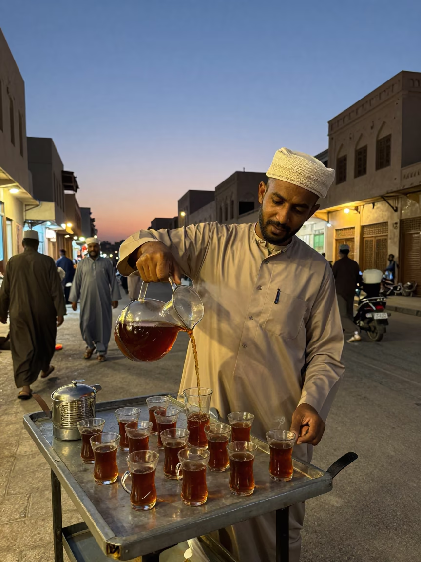 Muscat Oman Twilight Street Scene with Glass Carafe and Traditional Hospitality in in Muscat, Oman