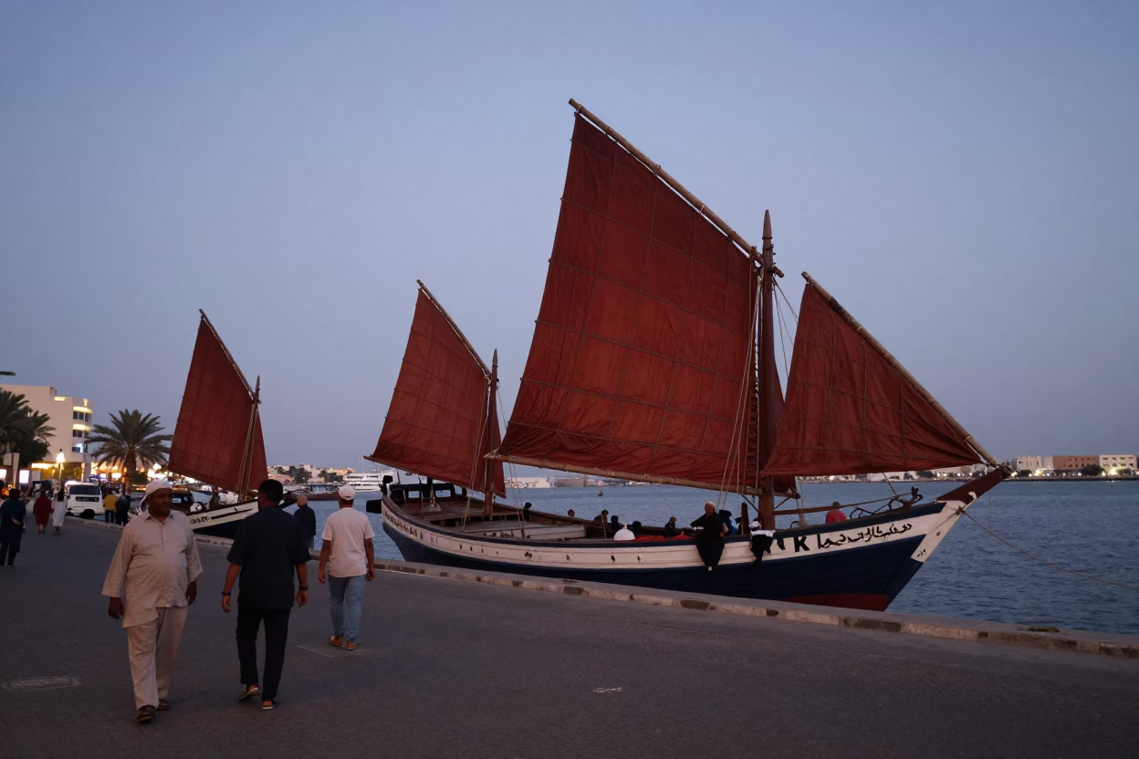 Muscat Oman Twilight Street Scene with Rust Red Sails and Local Life in in Muscat, Oman