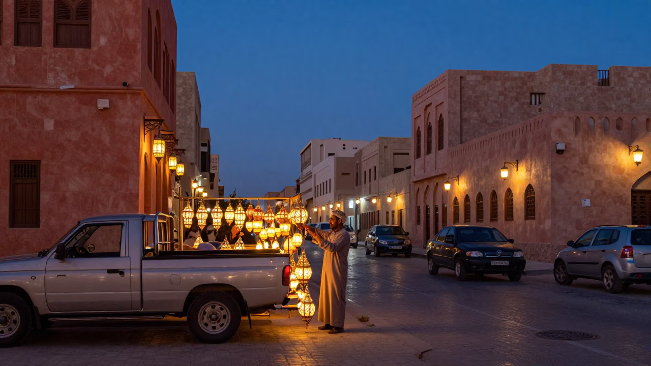 Muscat Oman Twilight Street Scene with Traditional Lanterns and Urban Life in in Muscat, Oman