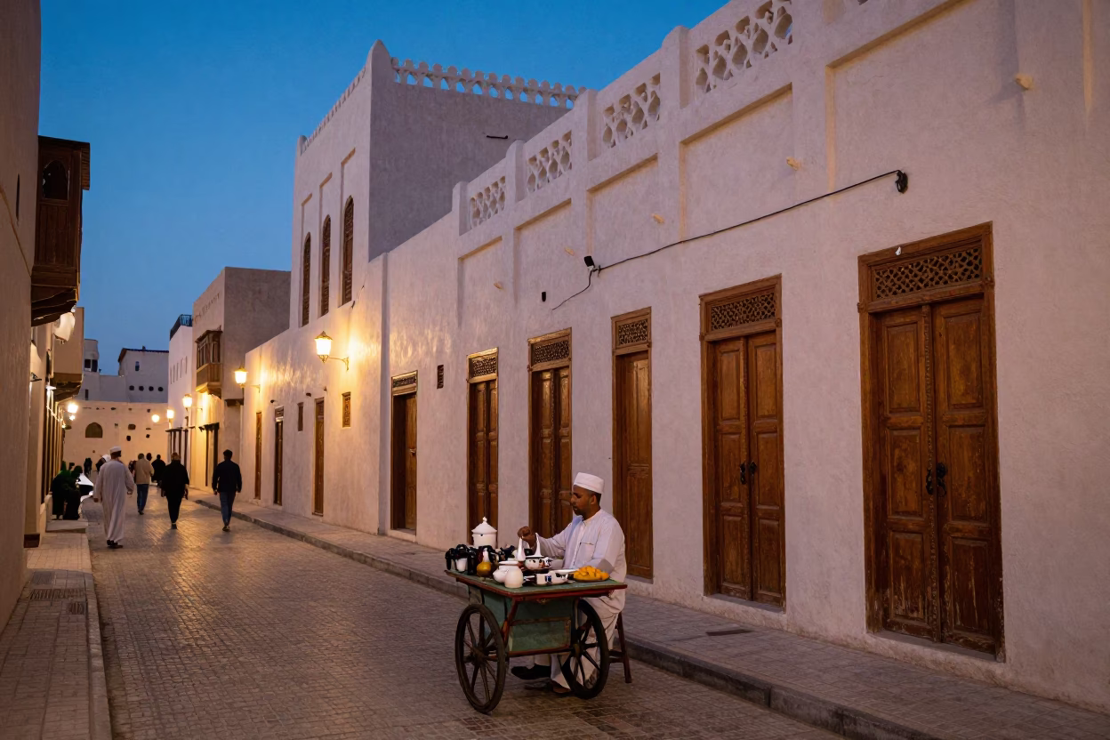 Muscat Oman Twilight Street Scene with Traditional Tea Service and Ornate Railings in in Muscat, Oman