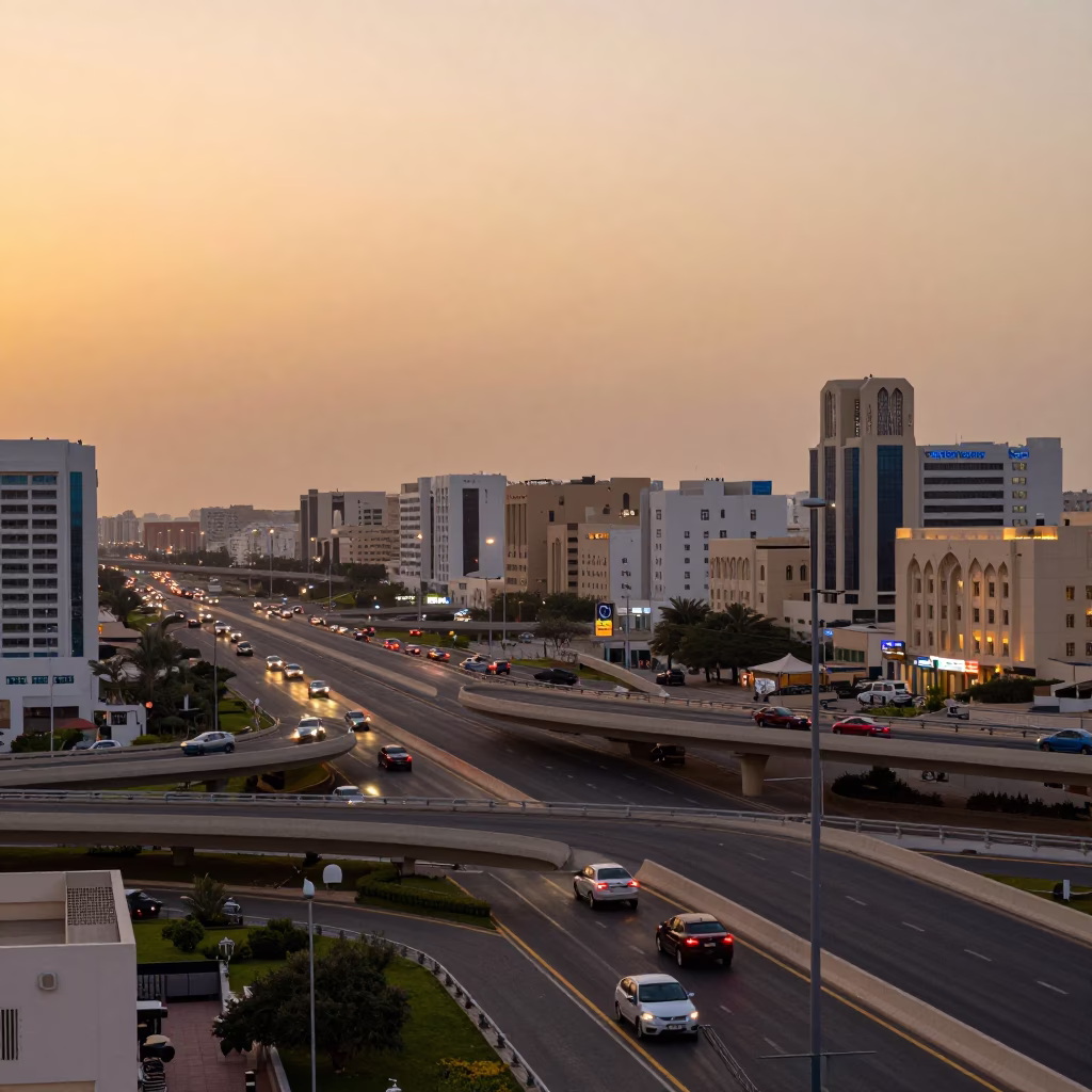 Muscat Overpass Interchange at Honeyed Evening Light in in Muscat, Oman