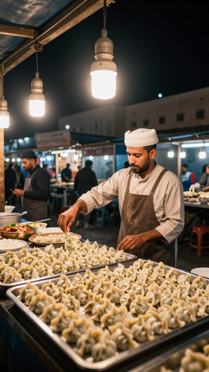 Muscat Serving Dumplings at Deep In The Night Light in in Muscat, Oman