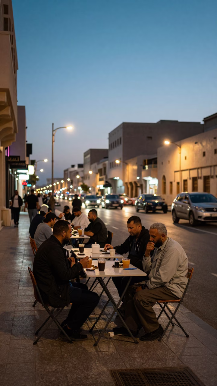 Muscat Street Scene at Dusk with Folding Tables and Wicker Basket in in Muscat, Oman