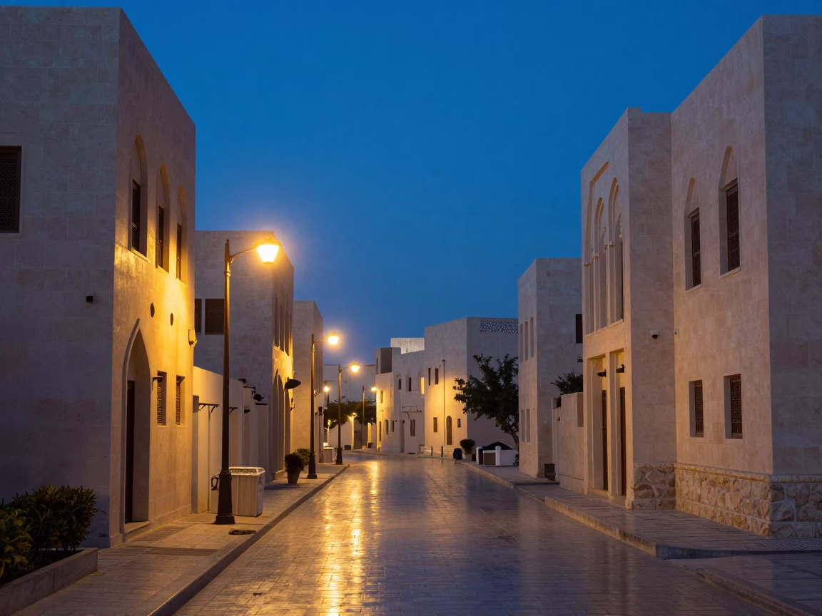Muscat Street Scene at Indigo Twilight After Sunset in in Muscat, Oman