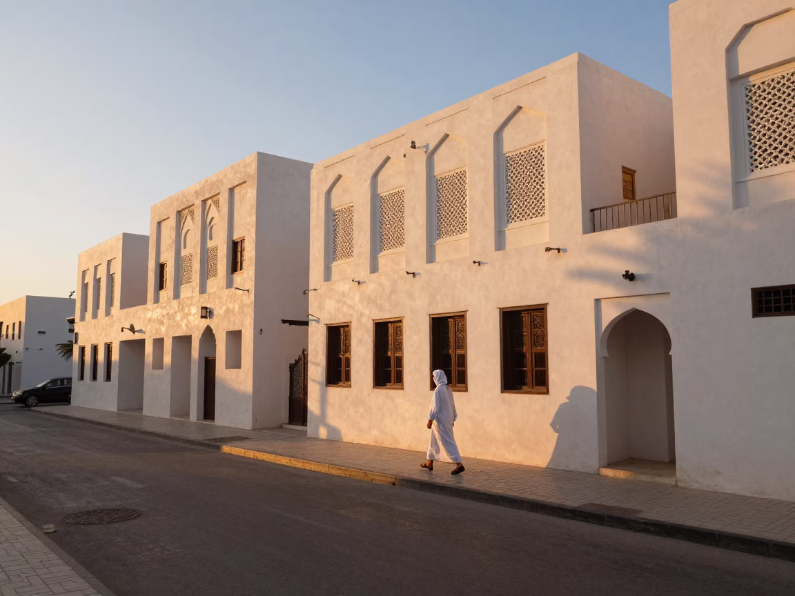 Muscat Street Scene at Sunset Light in in Muscat, Oman
