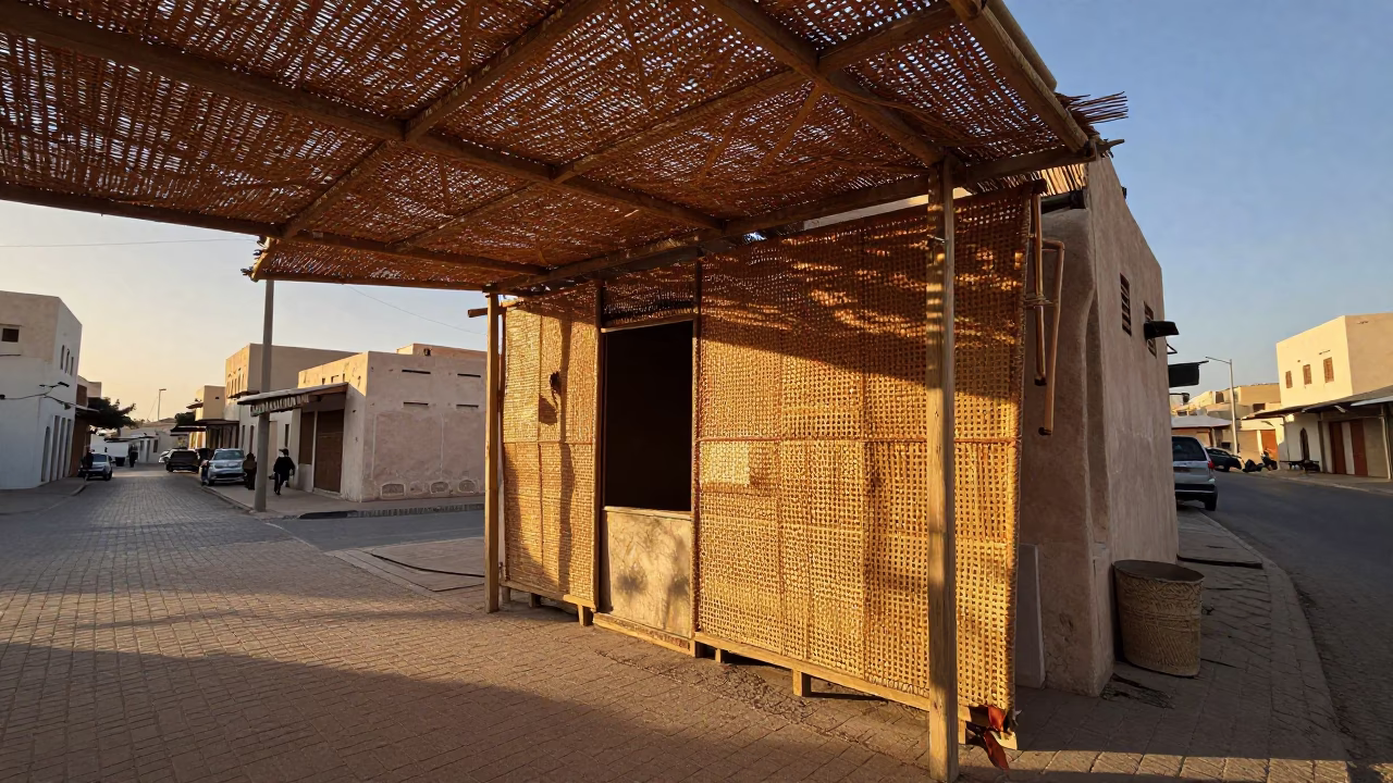 Muscat street scene with woven cane shade and local vendor in in Muscat, Oman