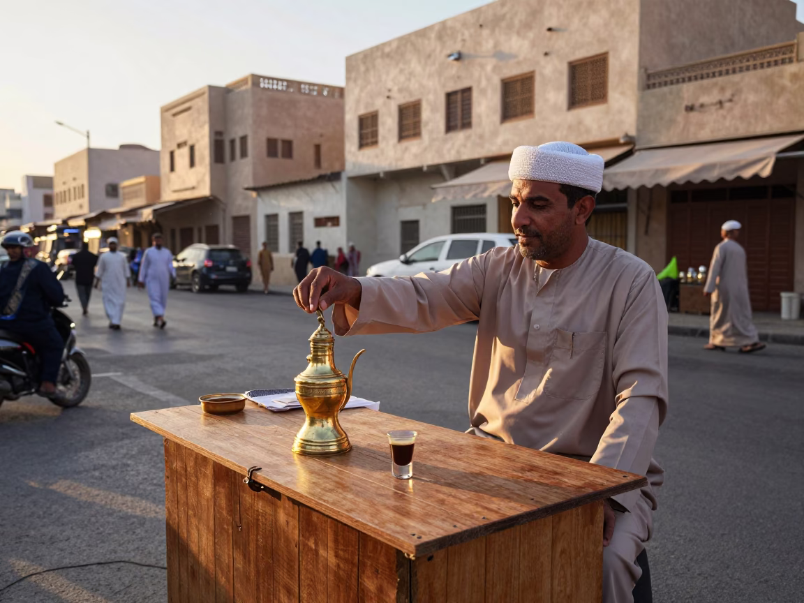 Muscat Street Vendor at As First Light Reaches The Scene in in Muscat, Oman