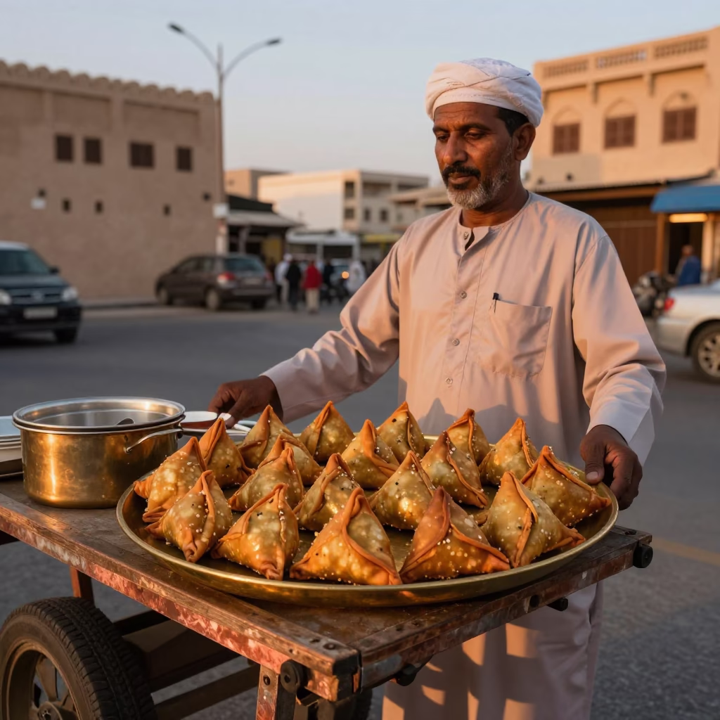 Muscat Street Vendor Serving Samosas on Brass Plate in Copper Dusk Light in in Muscat, Oman
