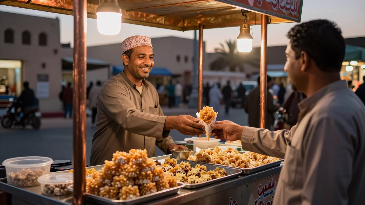 Muscat street vendor serving sweet treats under copper dusk light in in Muscat, Oman