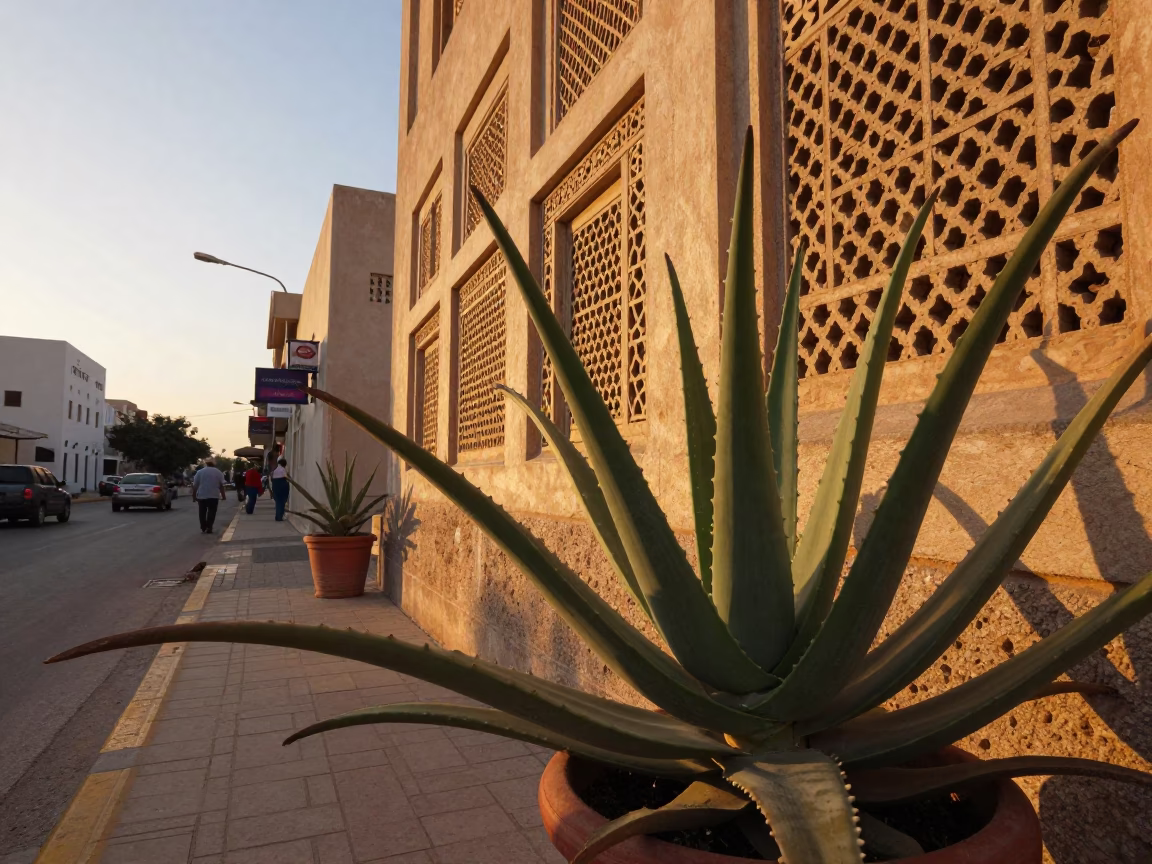 Muscat Sunset Street Scene with Aloe Vera Plant and Traditional Tea Stains on Bench in in Muscat, Oman