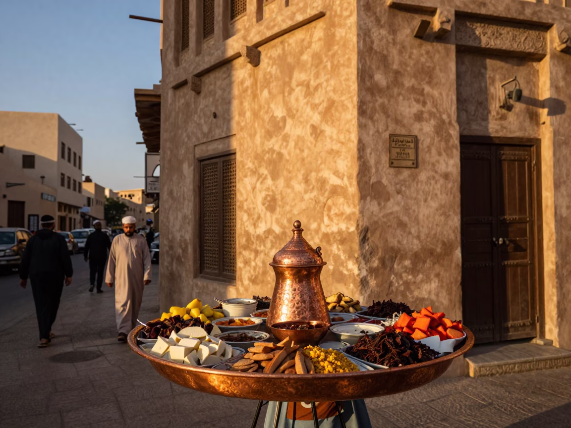 Muscat Sunset Street Scene with Copper Mezze Tray and Vintage SUV in in Muscat, Oman
