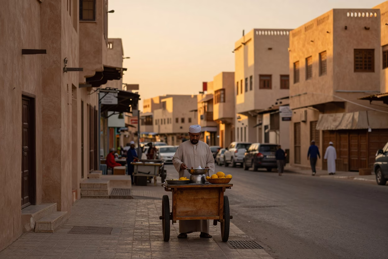 Muscat Sunset Street Scene with Traditional Latch and Stew in in Muscat, Oman