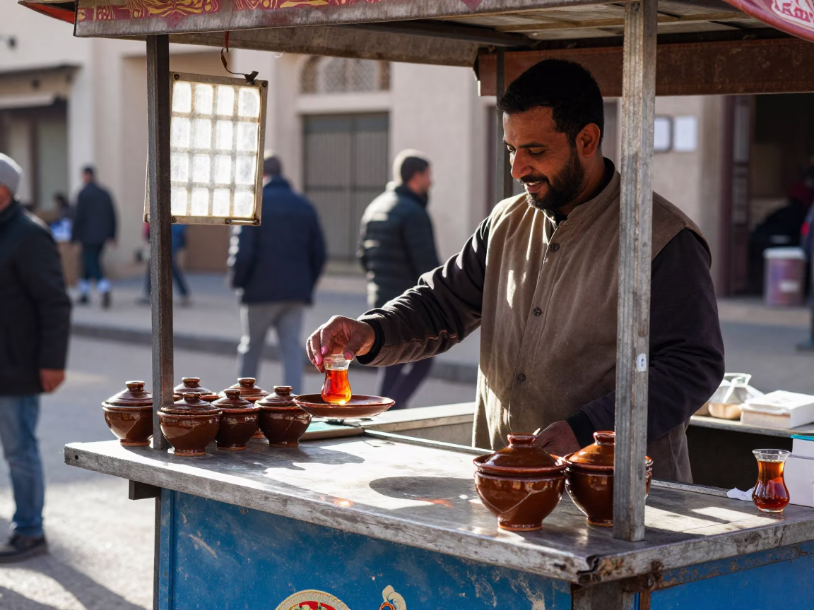 Muscat Winter Noon Street Vendor with Glazed Ceramic and Cutlery in in Muscat, Oman