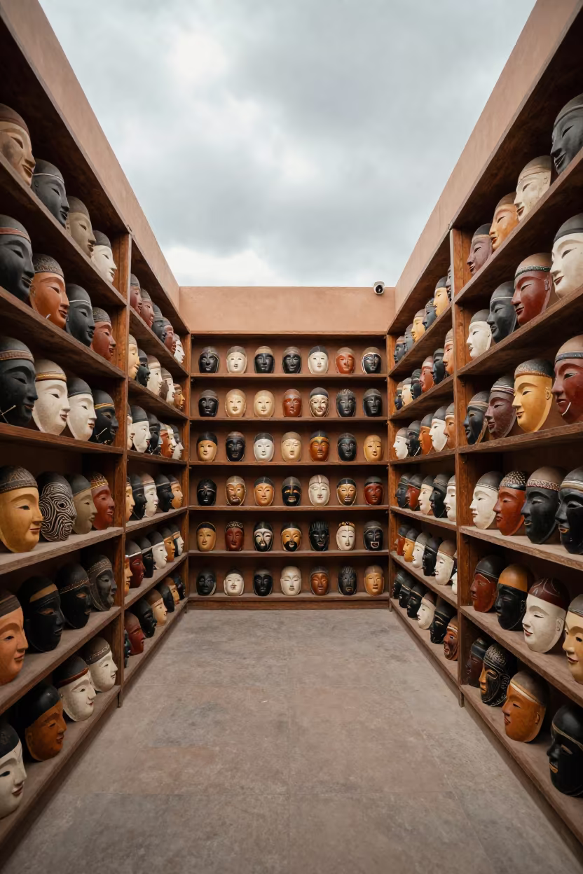 Museum Gallery Masks Under Noon Skylight in in a ceremonial hall in Muzaffarnagar