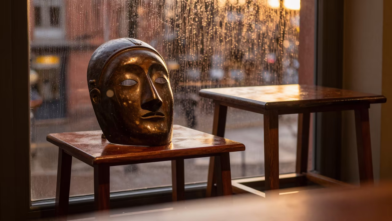 Museum Mask Display Amber Light Rain in on a lacquered display shelf in Manchester