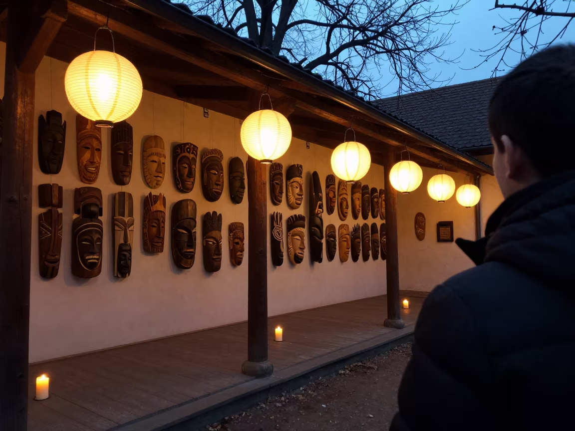 Museum Masks Under Candlelight in Zabrze Shrine in in a shrine lined with lanterns near Zabrze
