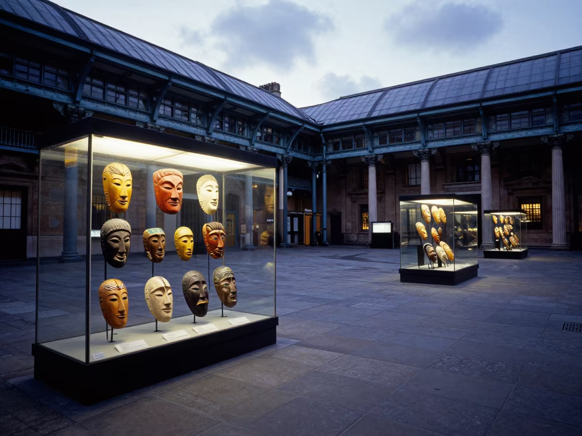 Museum Masks in Covent Garden Dawn Light in in a temple courtyard in Covent Garden, London