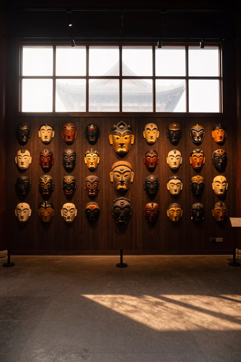 Museum Masks Under Golden Hour Light in in a prayer hall in Wuhan