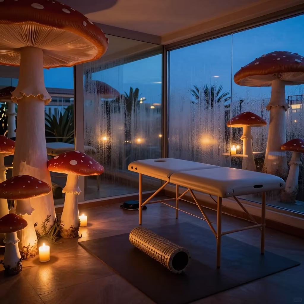 Mushroom Club Desk Blue Hour in inside a recovery lounge beside foam rollers in Elche