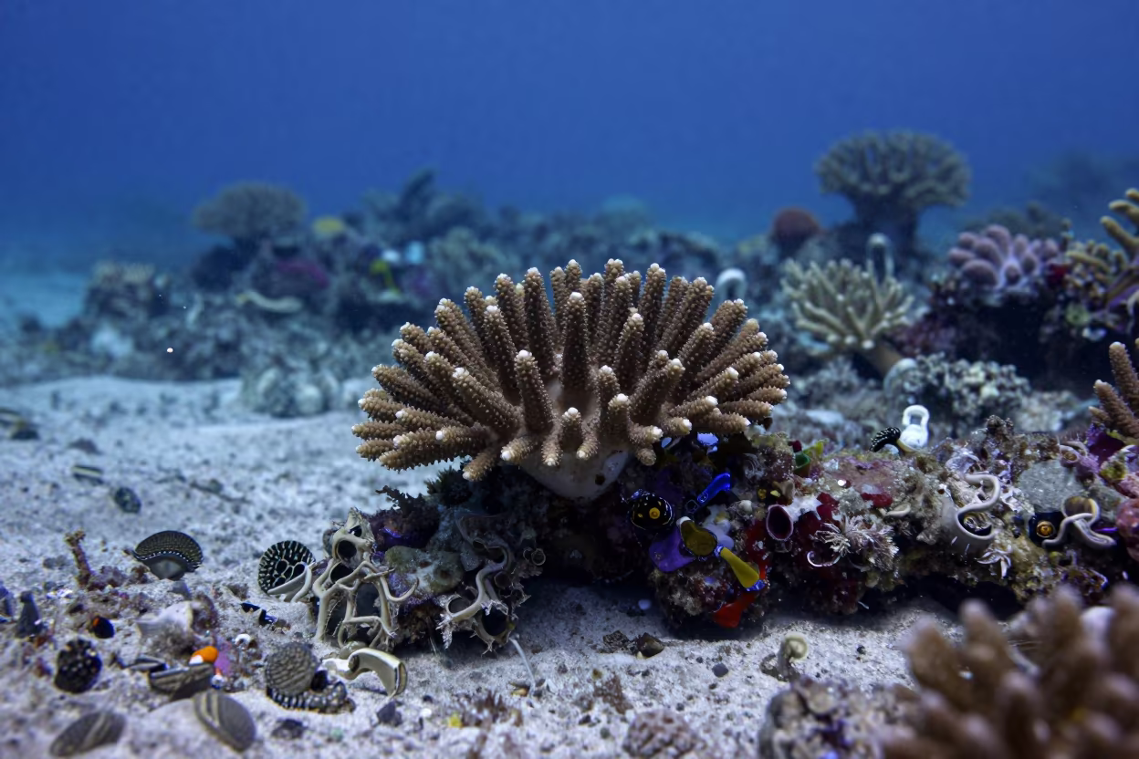 Mushroom Coral in Belize Twilight Reef in beside a reef crevice under clear water near Belize City