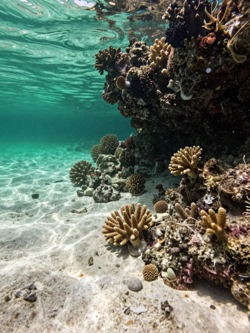 Mushroom Coral on Cebu Reef Flat in beside a volcanic reef overhang near Cebu