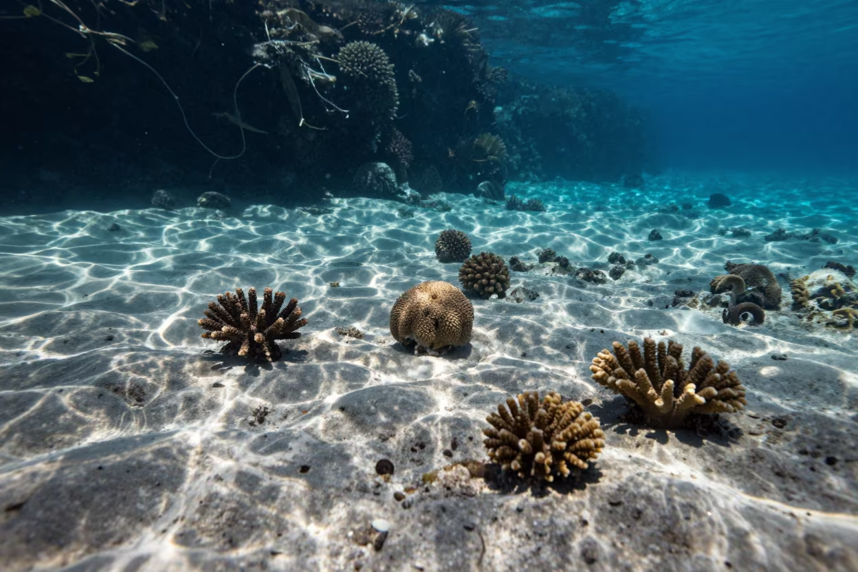 Mushroom Coral on Sandy Reef Flat Belize in along a coral wall with blue water beyond near Belize City