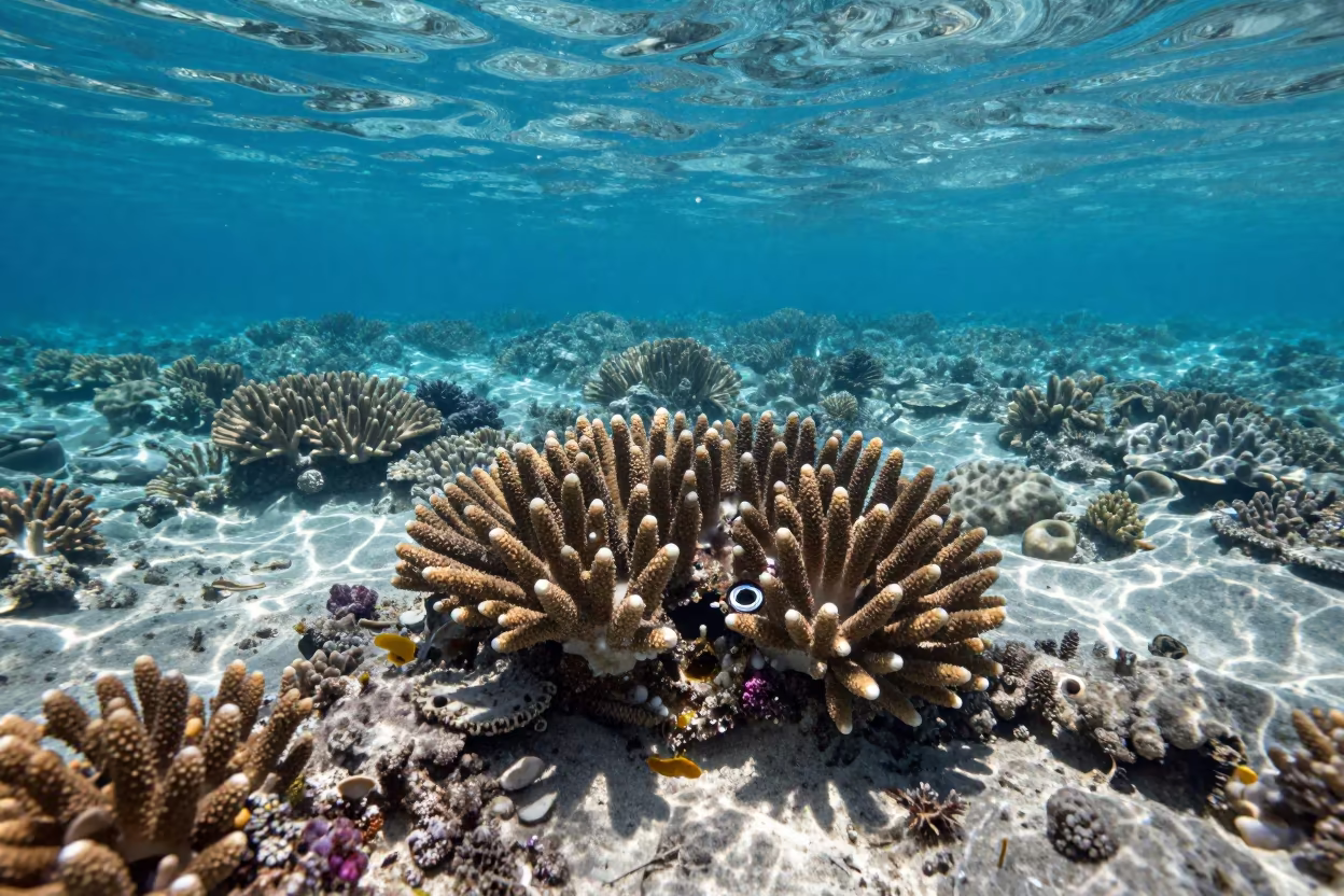 Mushroom Coral on Sandy Reef Flat Near Cairns in along a coral wall with blue water beyond near Cairns