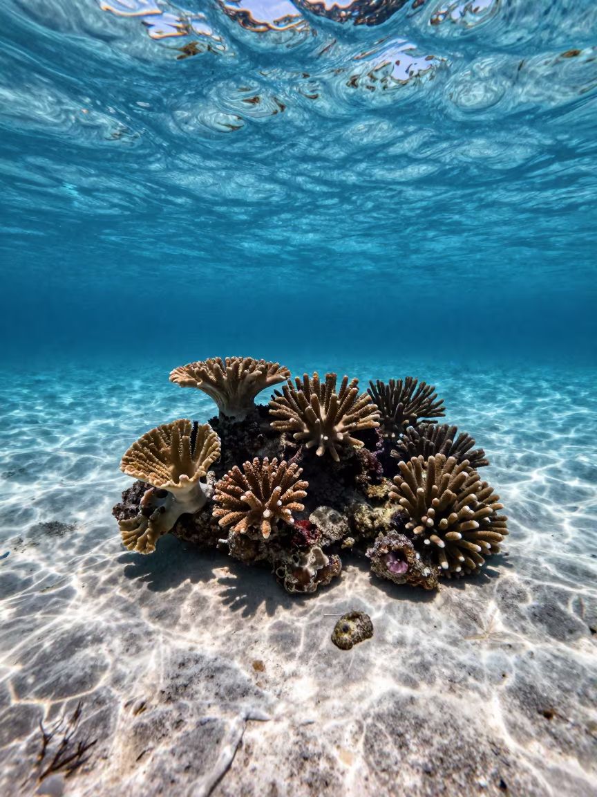Mushroom Coral on Sandy Reef Flat Zanzibar in along a coral wall with blue water beyond near Zanzibar