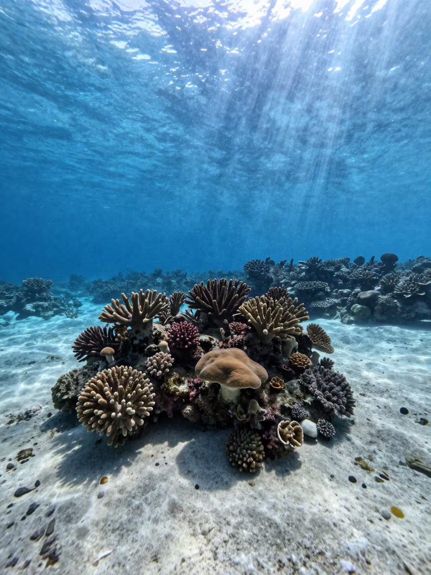 Mushroom Coral in Sunlight Shafts Zanzibar Reef in along a coral wall with blue water beyond near Zanzibar