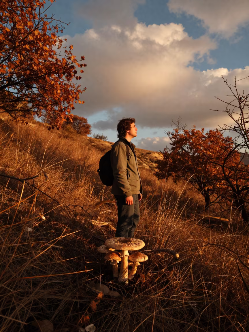 Mushroom Forager in Autumn Woods at Dusk in on a hillside near Bnei Brak