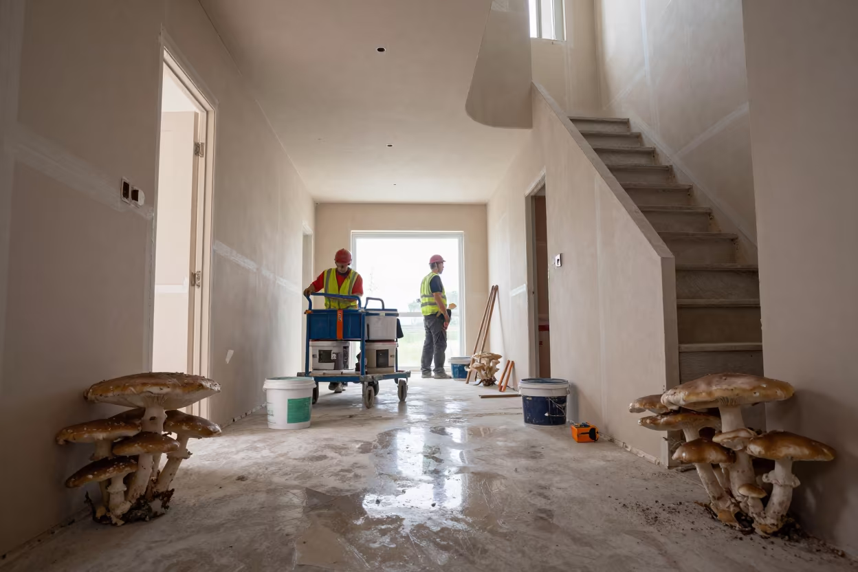 Mushroom Forest in Xian Construction Hallway in inside a bare shell stair tower near Xian
