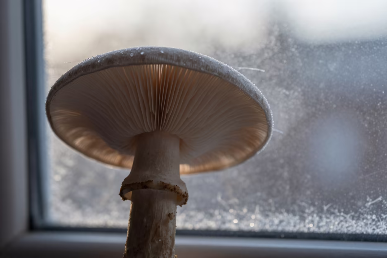 Mushroom Gill Macro at Brighton Dawn in along a frost-edged windowpane in Brighton and Hove