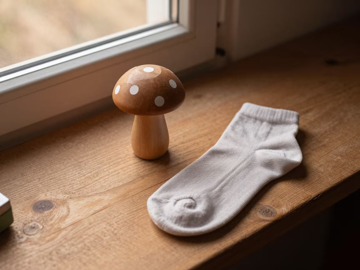 Mushroom Sock Darner on Shelf in Copper Light in on a workshop shelf near Minna