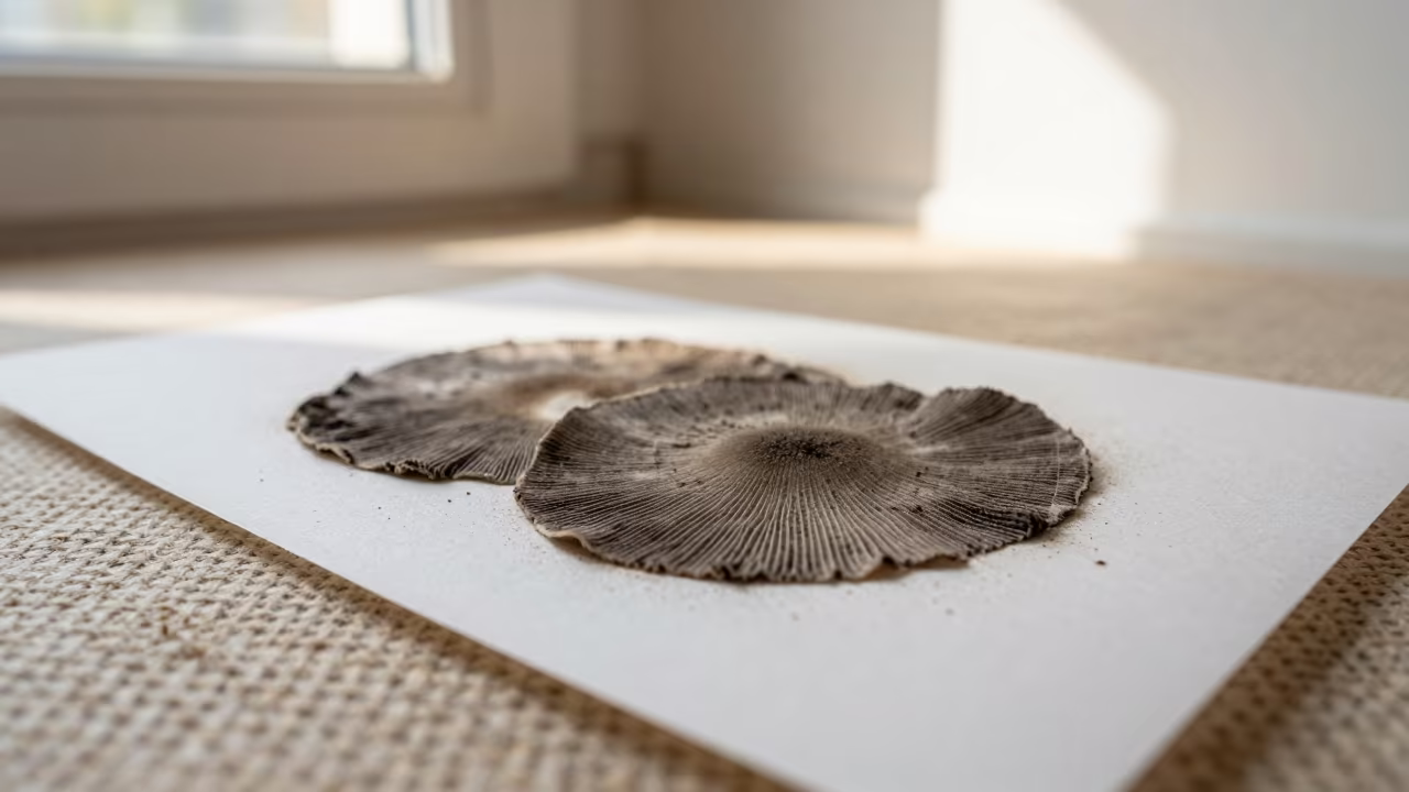 Mushroom Spore Print on Linen in Early Summer in against woven linen fibers in Incheon