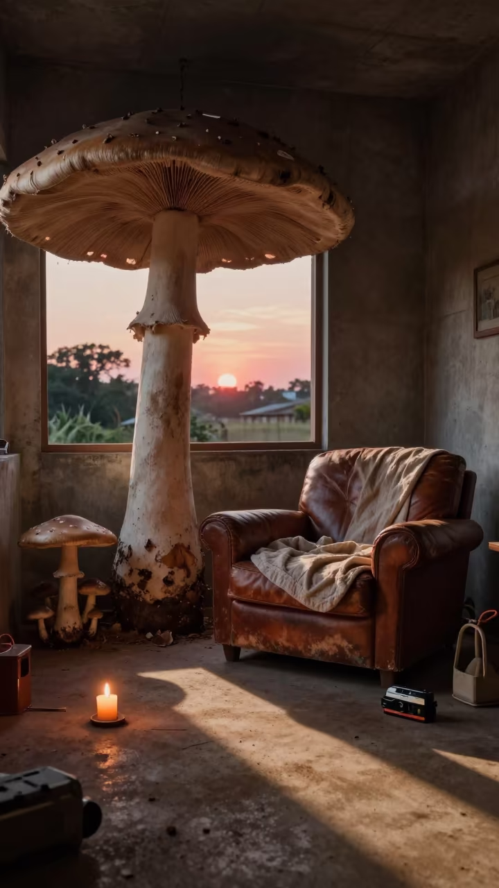 Mushroom Umbrellas on Leather Seat Cotonou in on a worn leather armchair near Cotonou