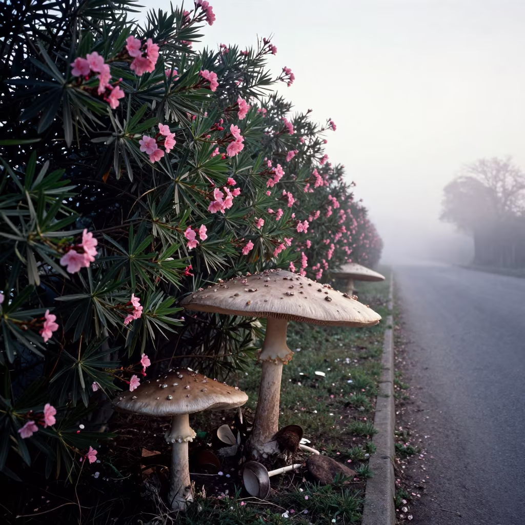 Mushroom Umbrellas in Misty Dawn Meadow in in a bloom-heavy meadow near Pristina