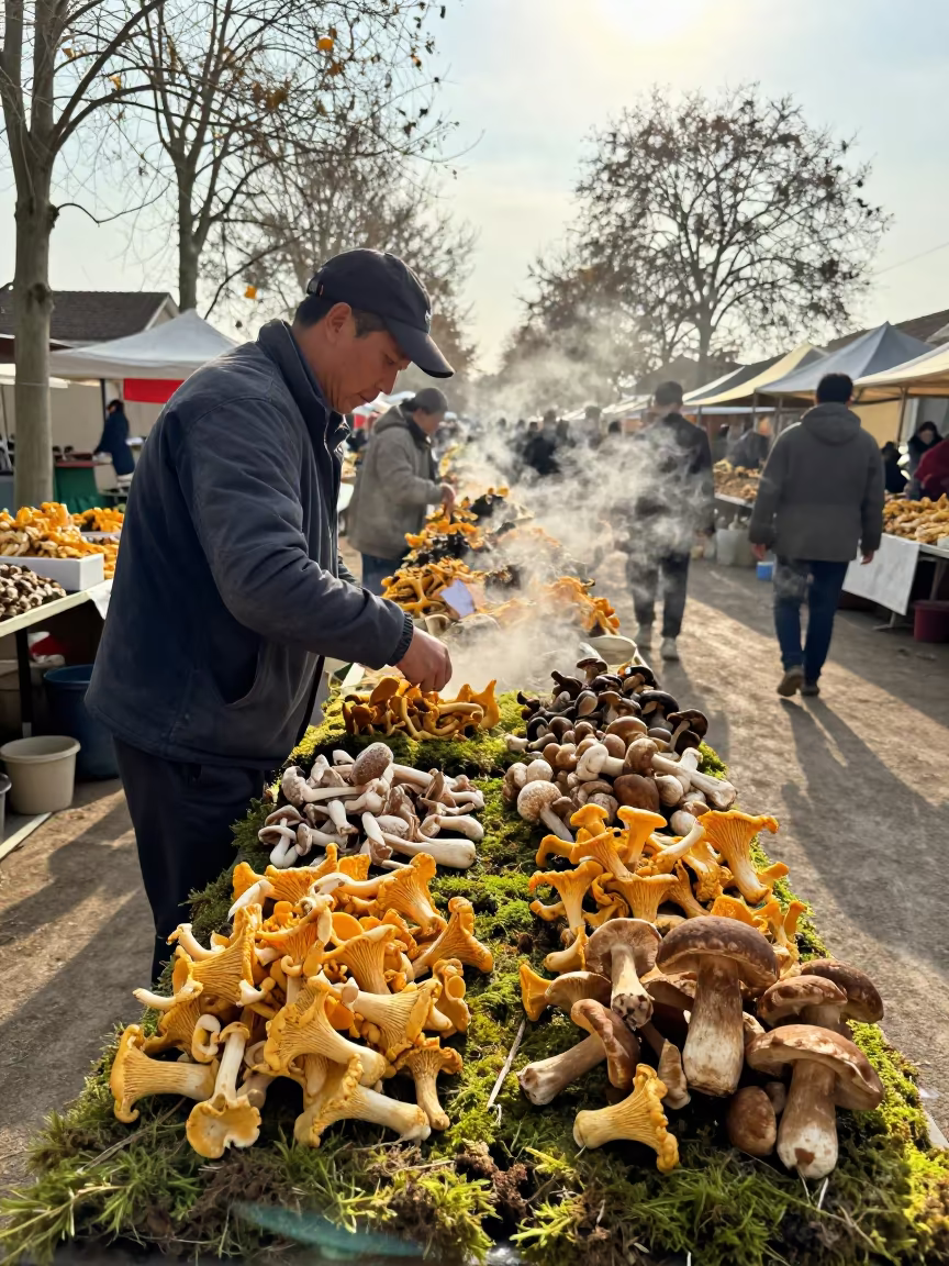 Mushroom Vendor Displaying Chanterelles and Porcini at Divo Market in at a flower auction bench in Divo