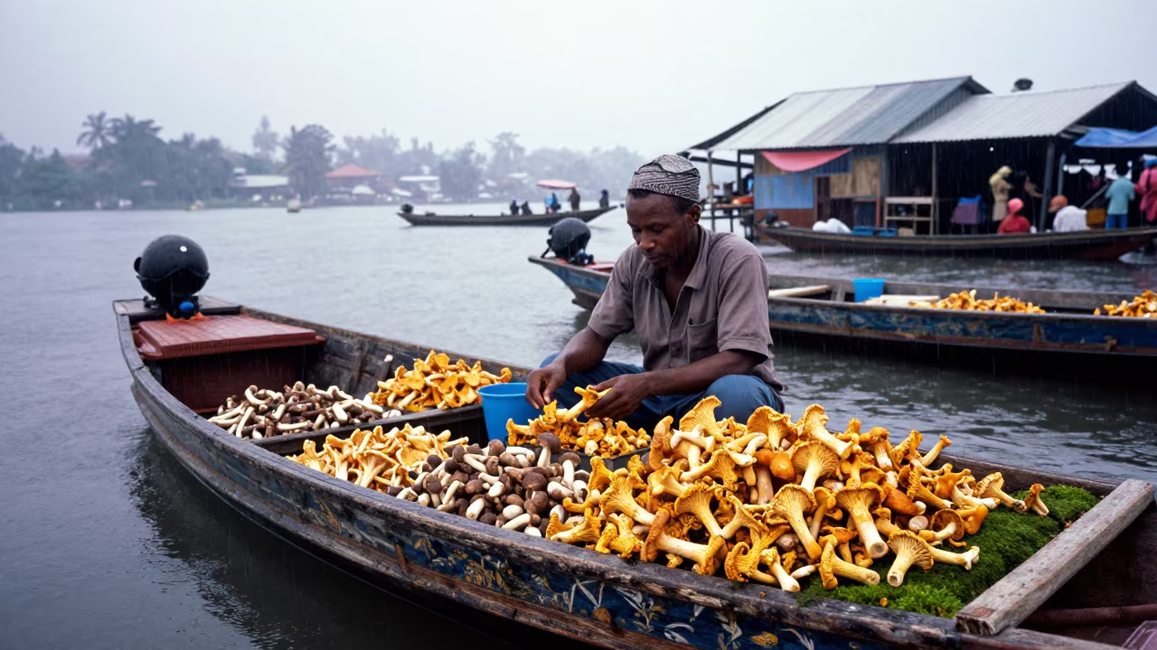 Mushroom Vendor on Douala Floating Market Boat in at a floating market boat in Douala