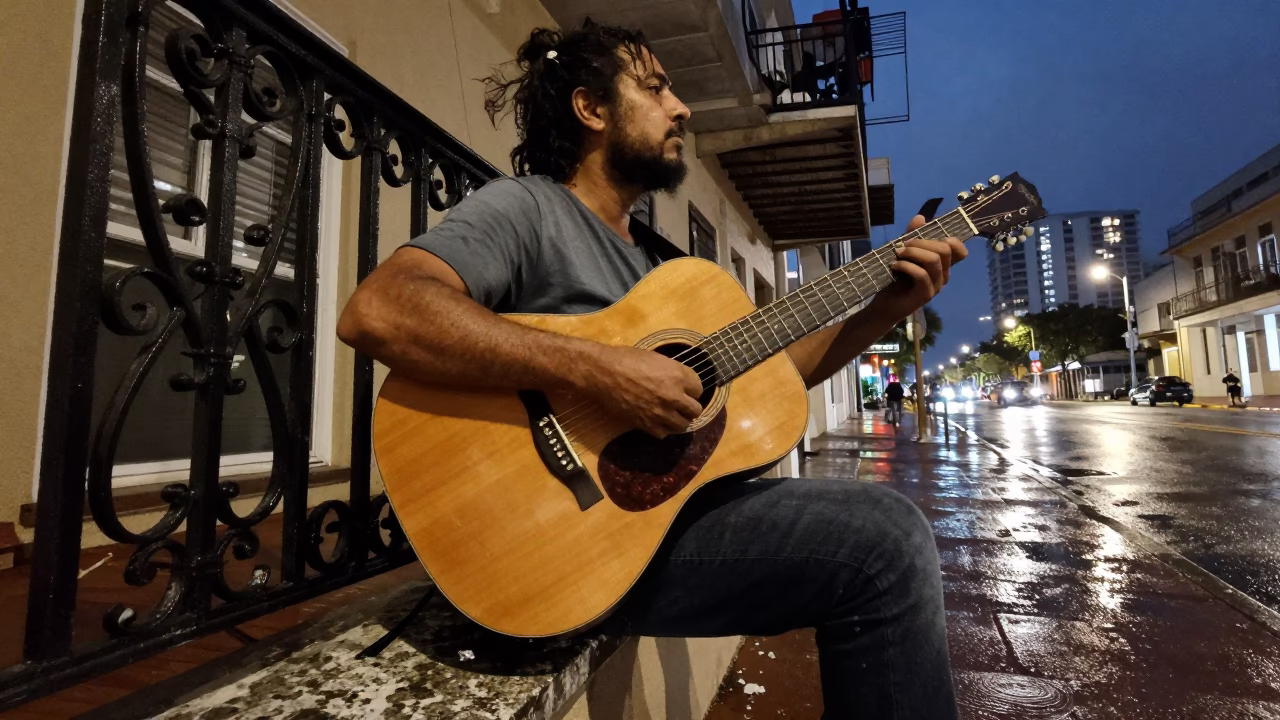 Musician after dark in Miami in in Miami, Florida, United States