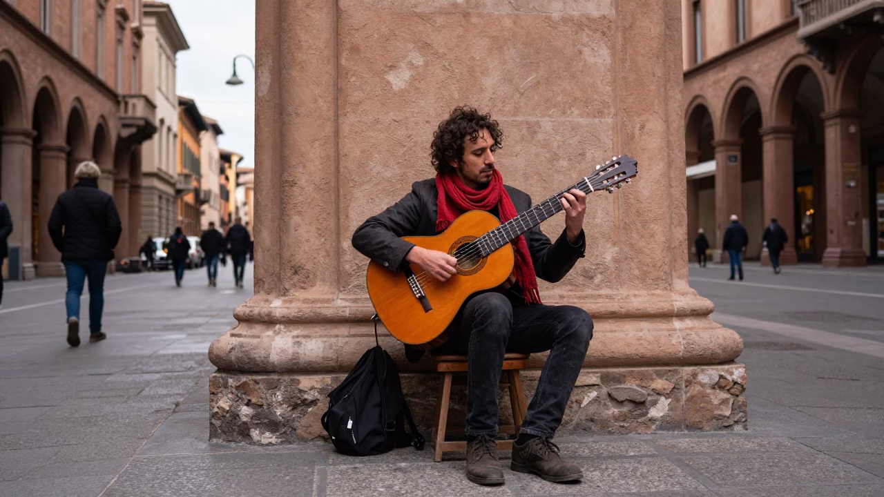 Musician at Midday Light in Bologna in in Bologna, Italy
