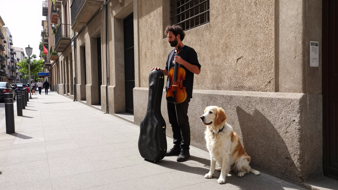 Musician in Barcelona at Afternoon Light in in Barcelona, Spain