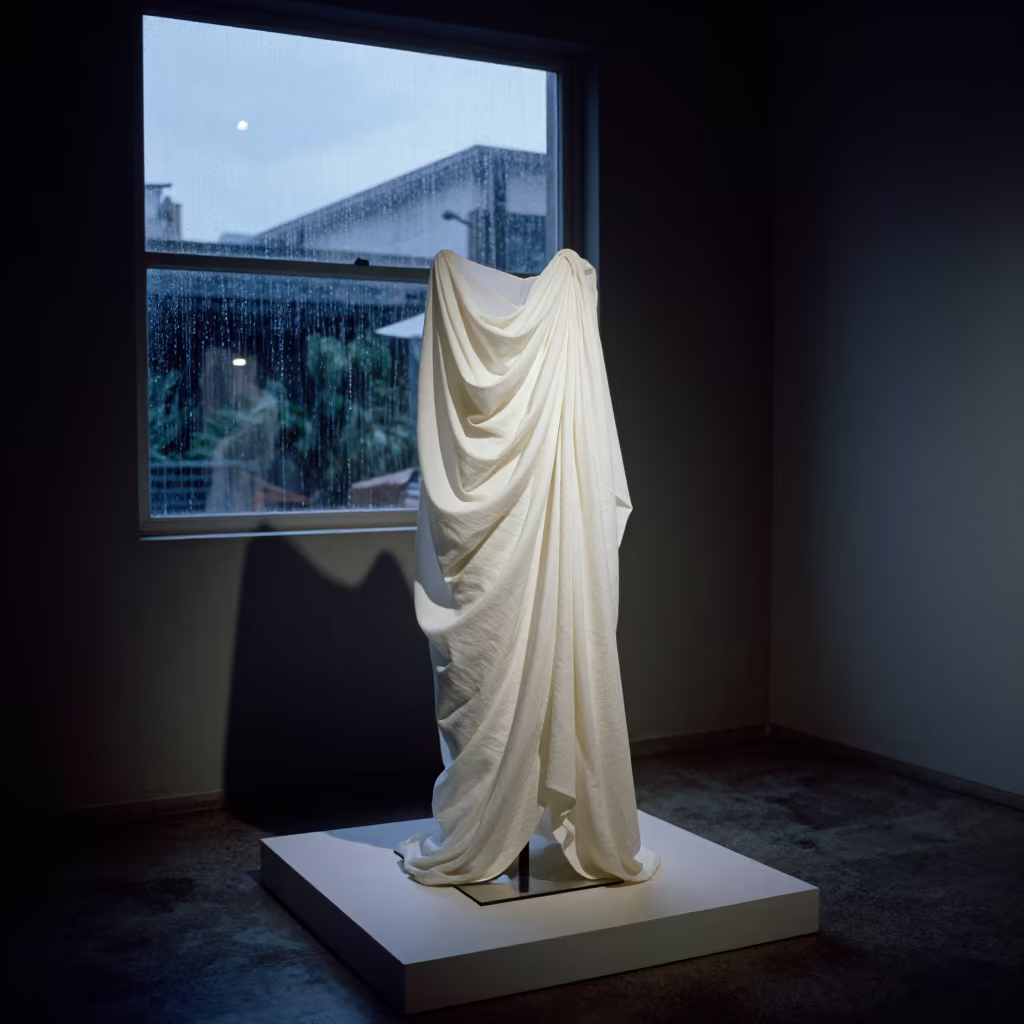 Muslin Draped Form in Dawn Atelier Window in inside a minimalist showroom near Barquisimeto