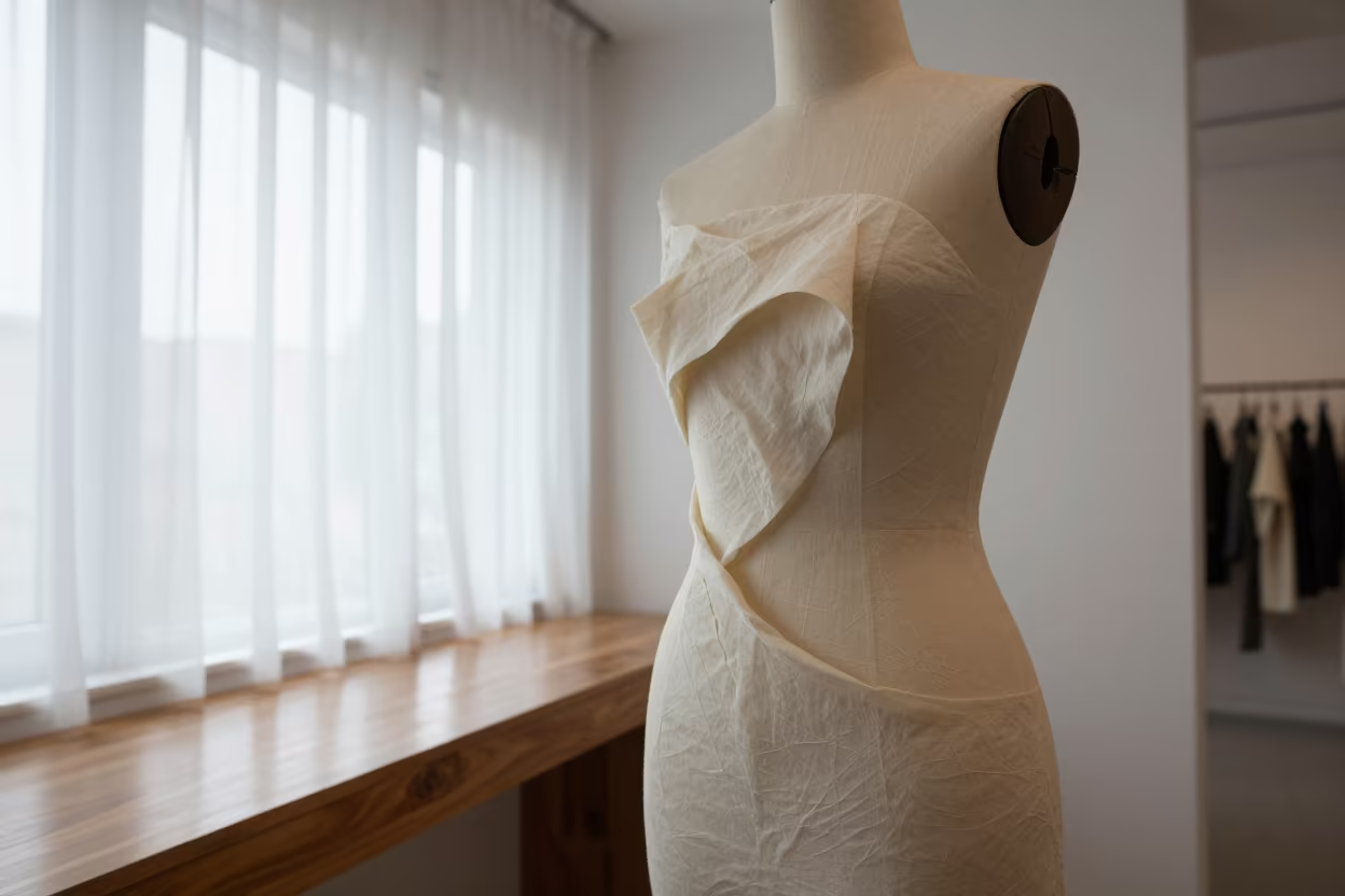 Muslin Draped Form Near Takayama Window in inside a minimalist showroom near Takayama