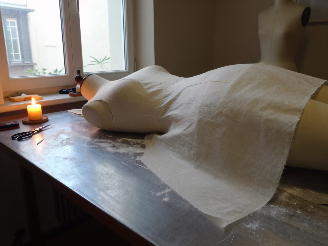 Muslin Dress Form in Dali Atelier Candlelight in at a tailoring table strewn with chalk and shears in Dali