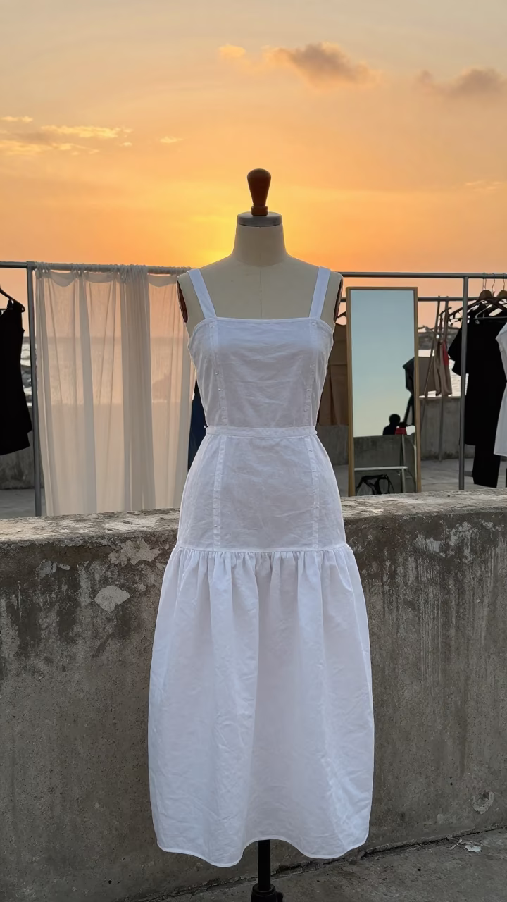 Muslin Dress Form on Harbor Wall at Dusk in against a wind-beaten harbor wall in Santiago de Veraguas